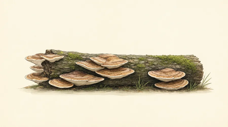Fungi on the woodland floor: a painted plate of bracket fungus on a fallen log