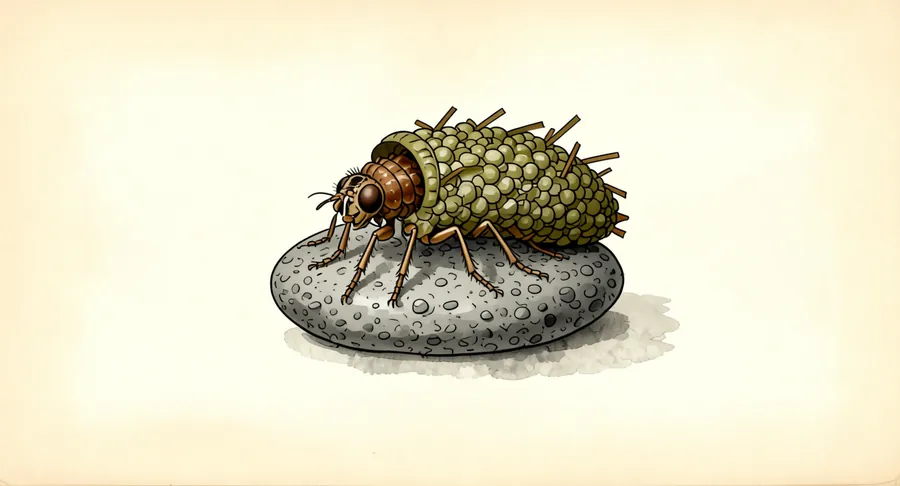 A stone that walks: a painted plate of a caddis larva in its case